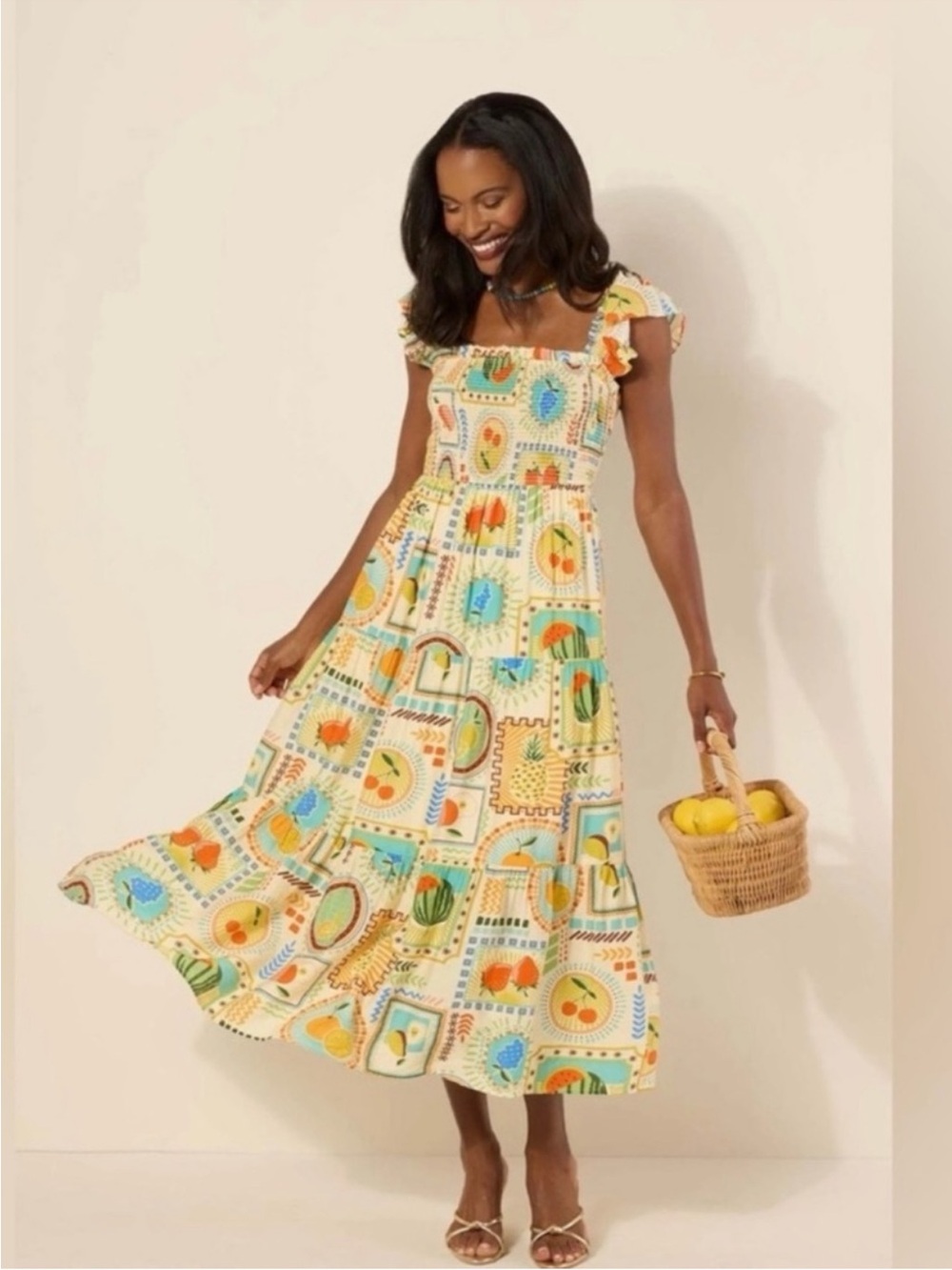 NWT ~  Avara Farm Rio Look Sunny Tile-Print Maxi Dress in Cream ~ Size L